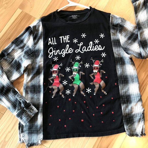 Flannel Tee Upcycle, Christmas Shirt: Size S-M, Holiday Graphics, Jingle Ladies - Picture 4 of 9